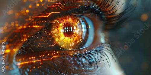 A closeup of a digital eye with circuit patterns representing technology communication and recognition. Concept Technology, Communication, Recognition, Digital Eye, Circuit Patterns