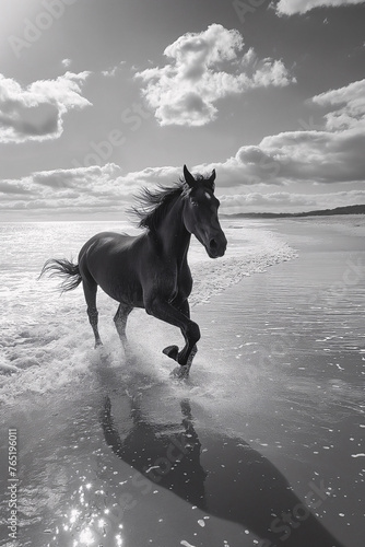 Caballo negro corriendo por la playa