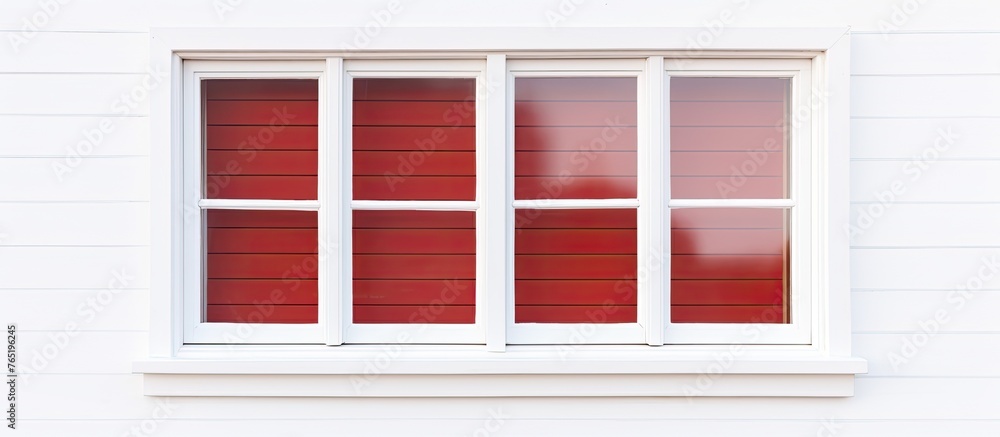 A white house features a red window with white trim on its exterior