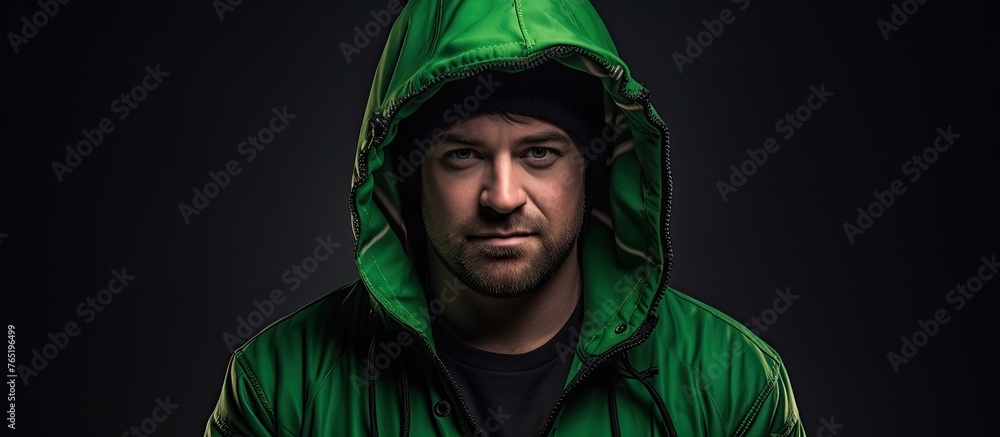 Capture a detailed close-up shot of a male individual wearing a hooded green jacket for a striking image composition Capture a detailed close-up shot of a male individual wearing a hooded green jacket for a striking image composition