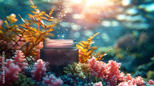 Mockup of cosmetic cream in a jar underwater next to corals, Concept: Marine-themed packaging with a moisturizing effect, seaweed or salt composition.