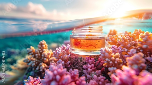 Mockup of cosmetic cream in a jar underwater next to corals,
Concept: Marine-themed packaging with a moisturizing effect, seaweed or salt composition. photo