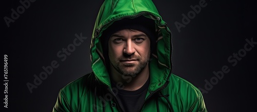 Capture a detailed close-up shot of a male individual wearing a hooded green jacket for a striking image composition photo