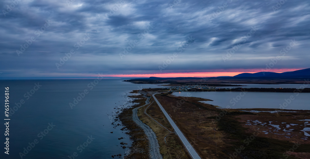 Coast on East Coast of Atlantic Ocean. Aerial Nature Background. Sunrise Sky.