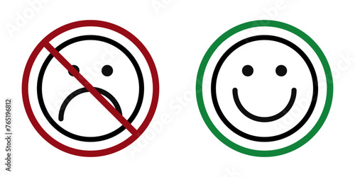 happy and sad face ban prohibit icon. Not allowed emoticons . Forbidden to be happy and sad