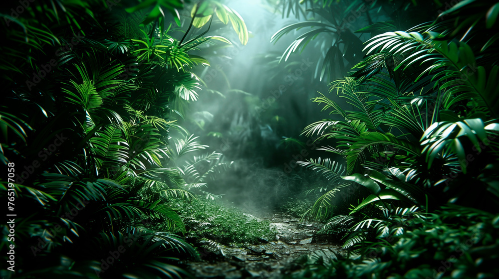 Dark tropical green forest with a path, Monstera and Palm plants, trees, light coming throught the trees