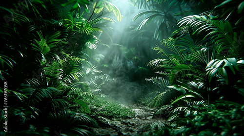 Dark tropical green forest with a path  Monstera and Palm plants  trees  light coming throught the trees