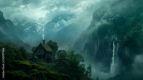 Islandic landscape view of green mountains with trees, waterfall, dramatic sky, dark clouds, islandic house with smoke photo