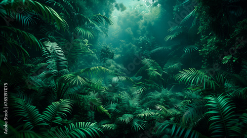 Very dark tropical landscape of green and blue forest, Palm plants, trees, fog, open sky