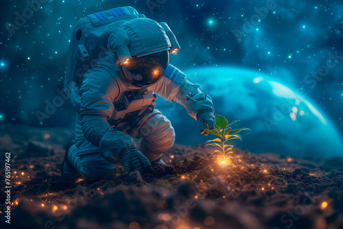 Cosmonaut Is Growing Green Plant On Distant Planet Or Moon, Earth On Background, Astronaut Is Building Colony And Planting A Small Plant In Moon Soil