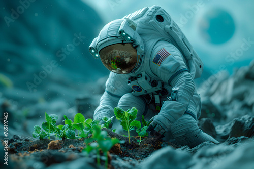 Cosmonaut Grows Green Plant On Distant Planet Or Moon, Earth On Background, Astronaut Is Building Colony And Planting A Small Plant In Moon Or Mars Fertile Soil
