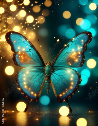 A radiant blue butterfly basks in a warm golden bokeh backdrop, its wings delicately reflecting the surrounding light. The scene evokes a sense of magical tranquility and the beauty of nature. © video rost