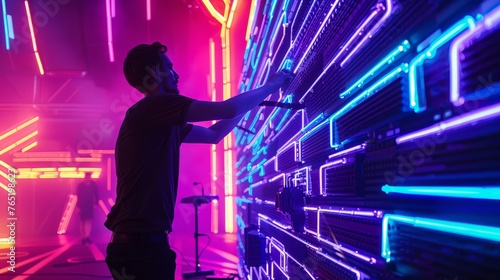 Backstage crew member adjusts glowing neon Eurovision sign reflecting the anticipation of the upcoming song contest © Artem