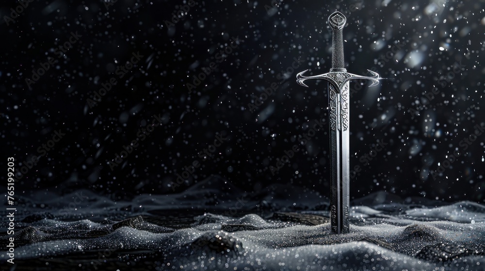 Naklejka premium A mystical image that captivates with a silver sword suspended over a gothic snowy black background