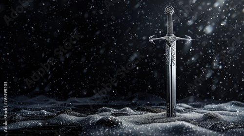 A mystical image that captivates with a silver sword suspended over a gothic snowy black background