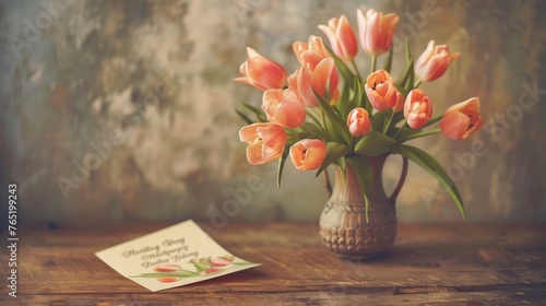 Delicate tulip bouquet in a vintage vase next to a handwritten Mothers Day card on a rustic wooden table rich in warm earthy tones background with empty space for text #765199243