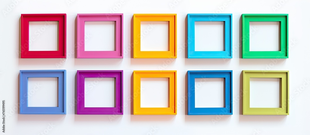 Focus on various bright wooden frames hanging together on a wall Focus on various bright wooden frames hanging together on a wall