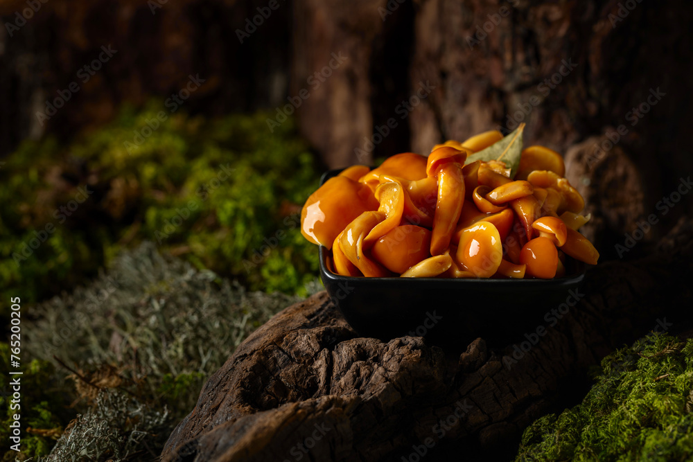 Homemade pickled honey mushrooms in a black bowl. Homemade pickled honey mushrooms in a black bowl.