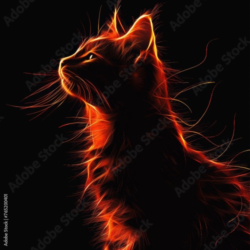 An artistic portrait of a cat gazing upward, illuminated with glowing, fiery outlines in a dark setting