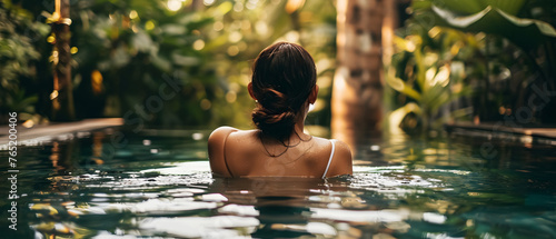 Woman in a spa pool relaxing, taking care of her skin and having peace of mind
