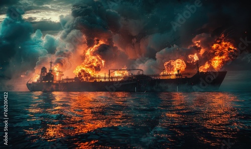 A burning oil tanker in the ocean