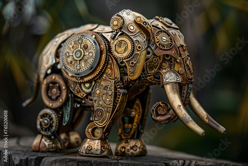 a metal elephant with gears and tusks