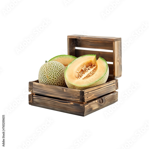 Sweet Green melons in the wooden box isolated on white background, Melon or cantaloupe isolated on transparent background With clipping path.