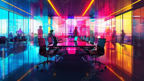 conference room, business meeting in a modern neon colorful cosmicpunk, office interior blurred 