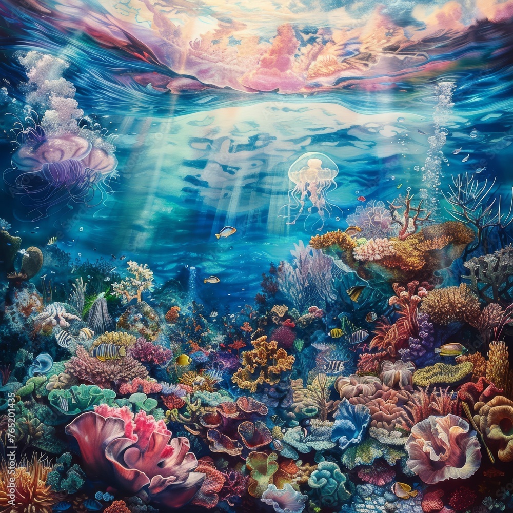 A vibrant underwater scene unfolds with a sunset sky above, showcasing a bustling coral reef teeming with marine life and delicate jellyfish floating gently