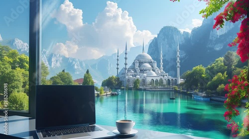 Laptop placed by the window with a serene view of a mosque by the river
  Seamless looping 4k time-lapse virtual video animation background. Generated AI