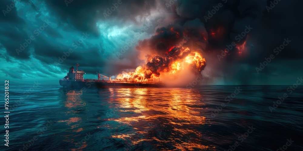 Fototapeta premium A burning oil tanker in the ocean