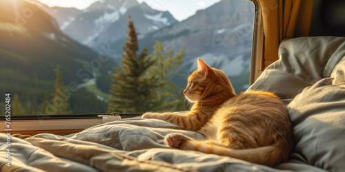 Felidae carnivore cat lounging on bed by window, mountains in background. Generative AI