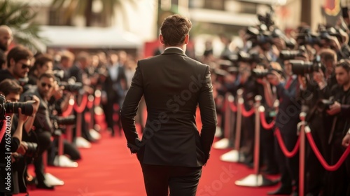 elegant man in a suit on a RED carpet surrounded by photographers and lights in high resolution and high quality HD
