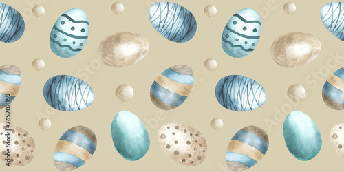Pattern with eggs, blue and green colors, drawn with watercolor. Easter wrapping paper design, greeting card backdrop. beige background