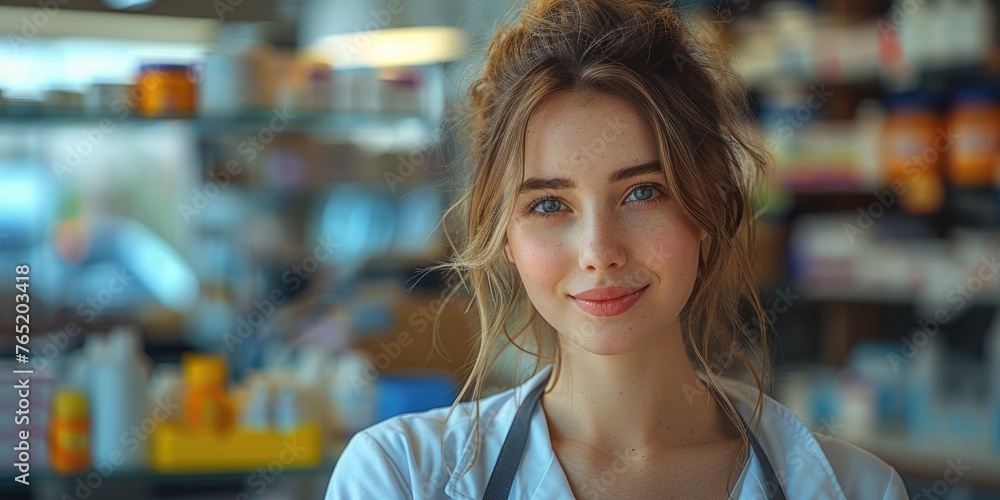 A cute young smiling woman pharmacist A cute young smiling woman pharmacist
