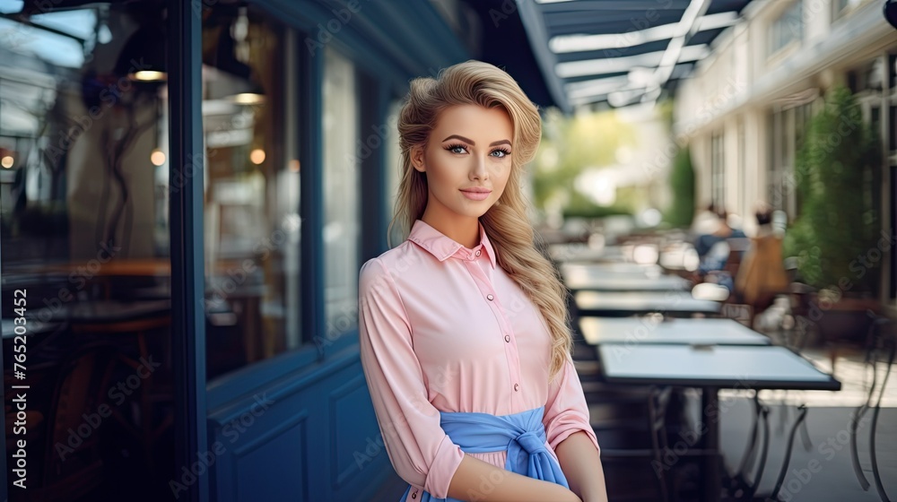 Fototapeta premium Nice hostess girl standing near entrance to small European style cafe. Reception of guests in restaurant. Pretty Young female waiter. AI Generated
