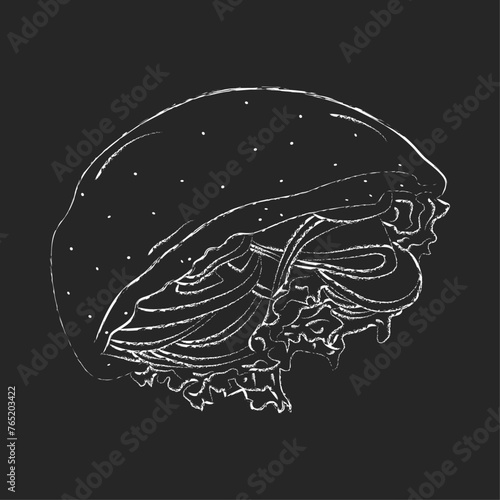 Hand drawn pita white outline chalkboard, isolated on the black background, a vector doodle art