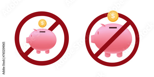 pig bank ban prohibit icon. Not allowed saving money crossed circle