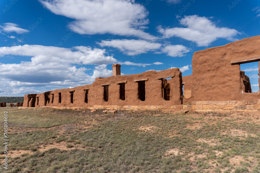 Fort Union National Monument in New Mexico. Preserves fort's adobe ruins along Santa Fe Trail. Enlisted quarters with adobe walls and windows. 