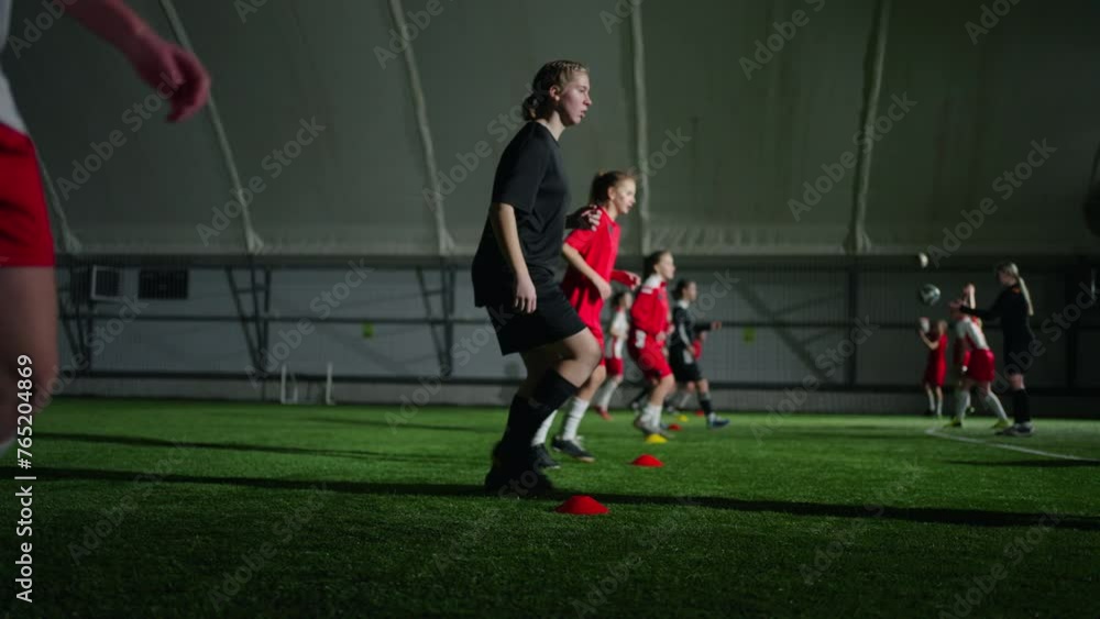 Soccer Workout In Children Sports School, Teens Girls Training And Exercising With Balls