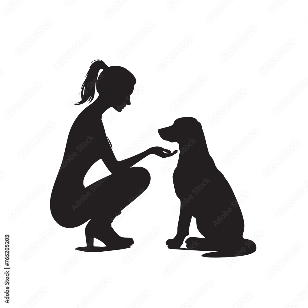 sketch of Girl and Her Pet Silhouettes, Girl Caring for Pets in Silhouette, Girl and Pet Silhouette Illustration, Girl with Pet Shadows,  Girl with Pet sketch, Black and White Silhouette Illustration