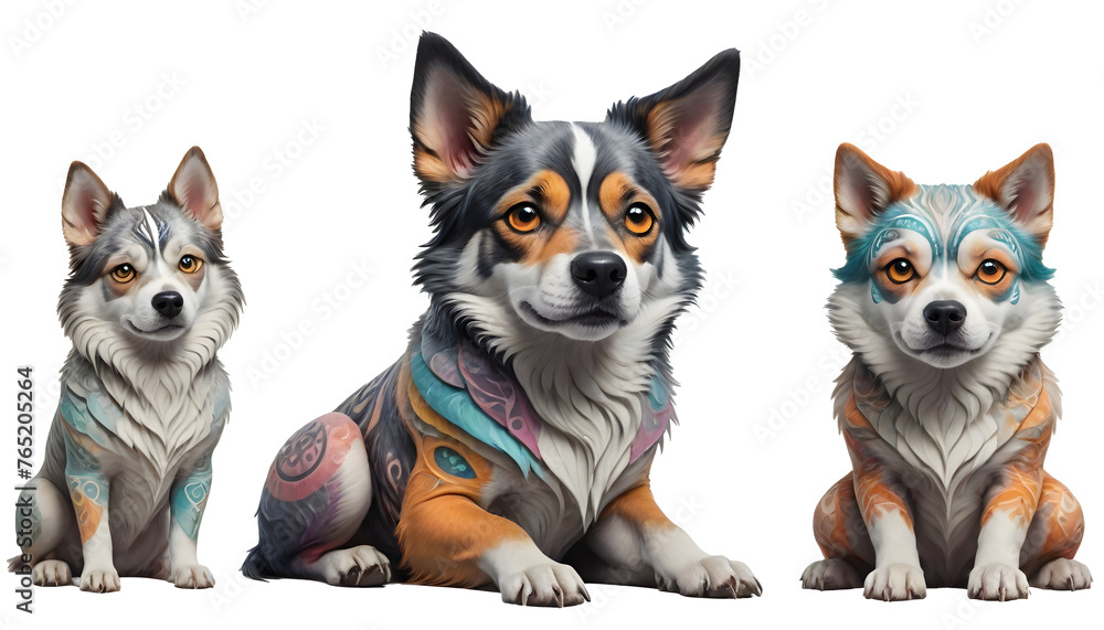 Multiple stylized dog with various colors Set of three dog Lassie , Balto , Hachiko isolated on transparent background. Concept of pet. Concept of animals. Animals PNG