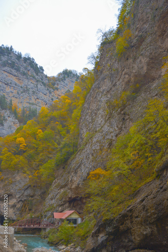 Obraz na płótnie Scenic view of trees and river in the mountains in autumn w salonie