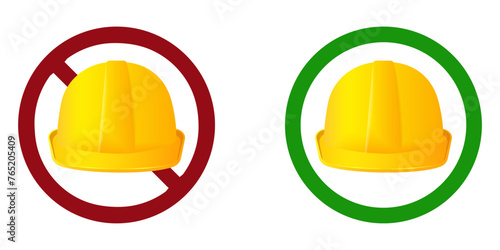 yellow protection construction helmet ban prohibit icon. Not allowed construction helmet crossed circle