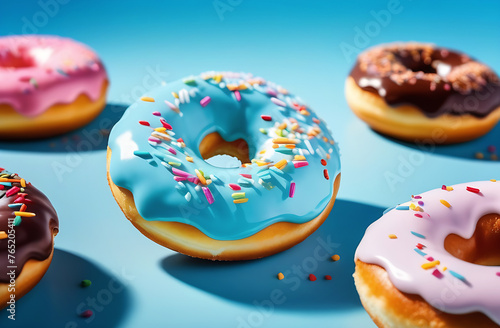Multi-colored donuts on a blue background