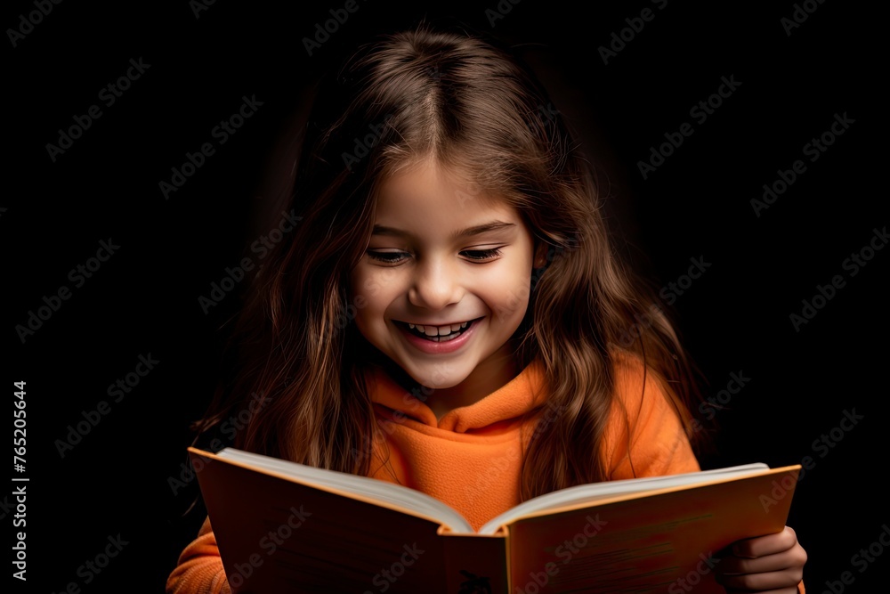 Photo of optimistic happy little girl hold read book study wear pullover isolated on black color background - generative ai Photo of optimistic happy little girl hold read book study wear pullover isolated on black color background - generative ai