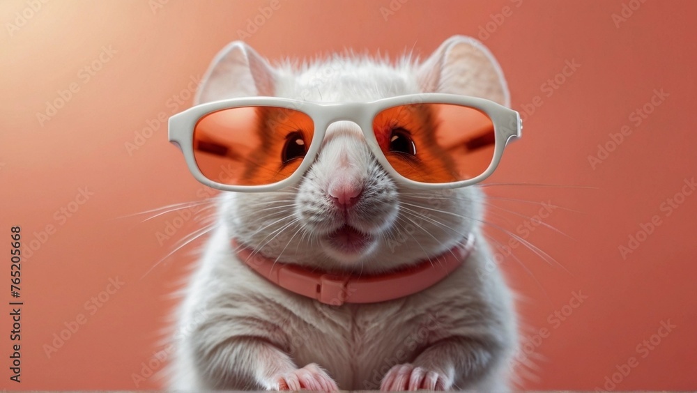 Funny Animal Banner - Little white mouse wearing sunglasses isolated on coral color background.