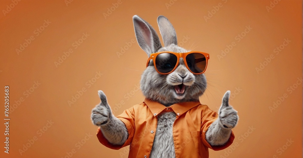 Cute hare in sunglasses isolated on a orange color background.