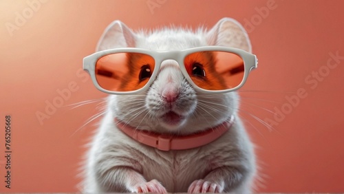 Funny Animal Banner - Little white mouse wearing sunglasses isolated on coral color background.