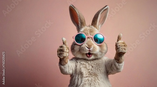 Cute hare in sunglasses isolated on a corolla color background. photo